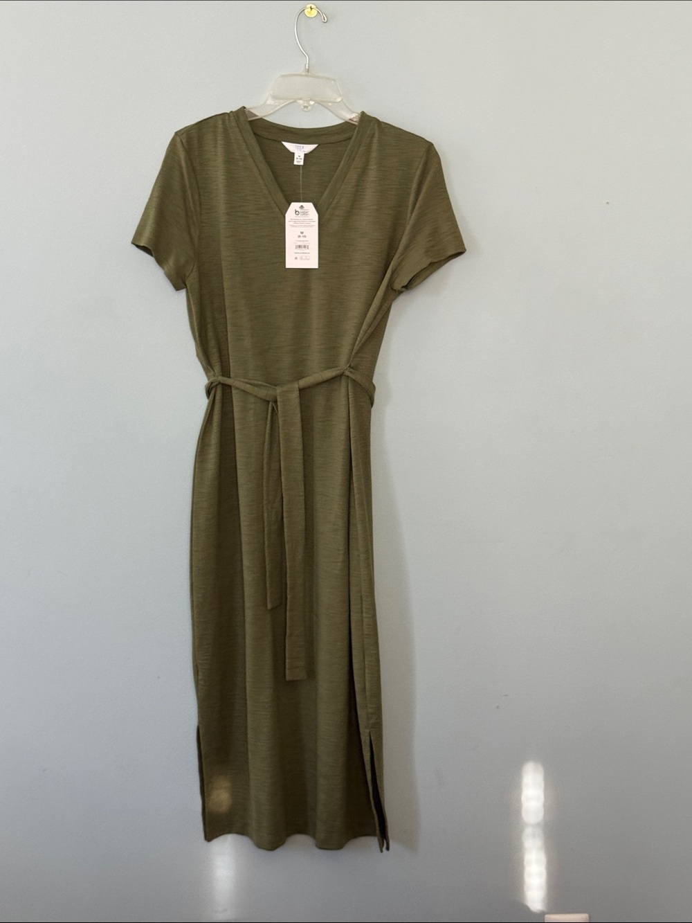 Time and Tru Olive Green V-Neck Midi Dress with Tie Waist